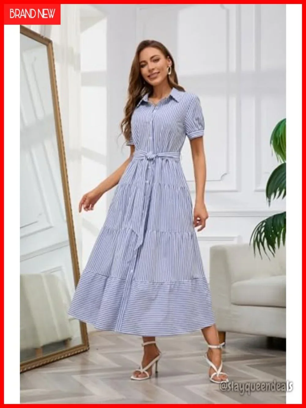 Women's Striped Button Down High Waisted Maxi Shirt Dress with Belt